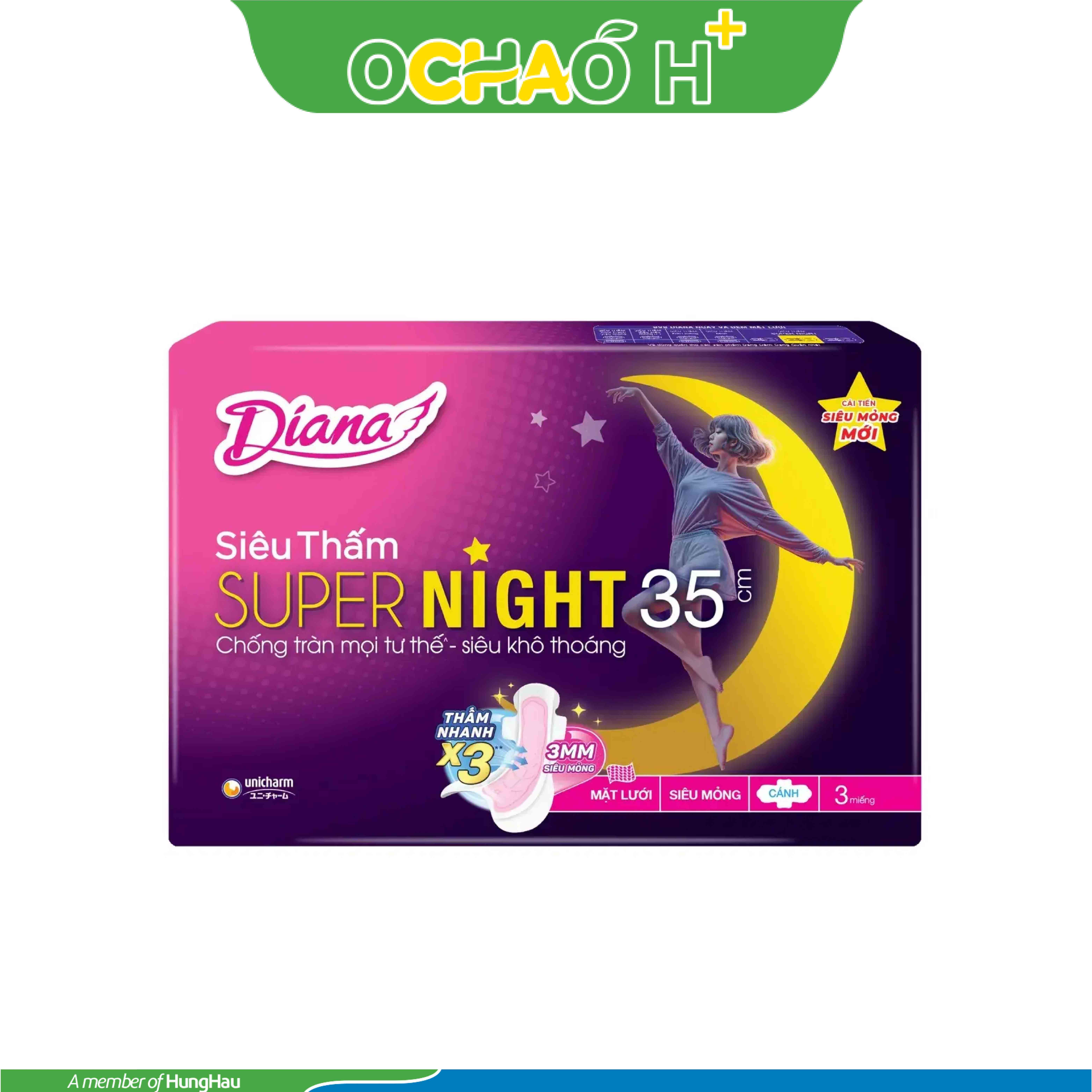 Băng vệ sinh ban đêm Diana Siêu Thấm Super Night thấm nhanh gấp 3 lần (4 miếng)
