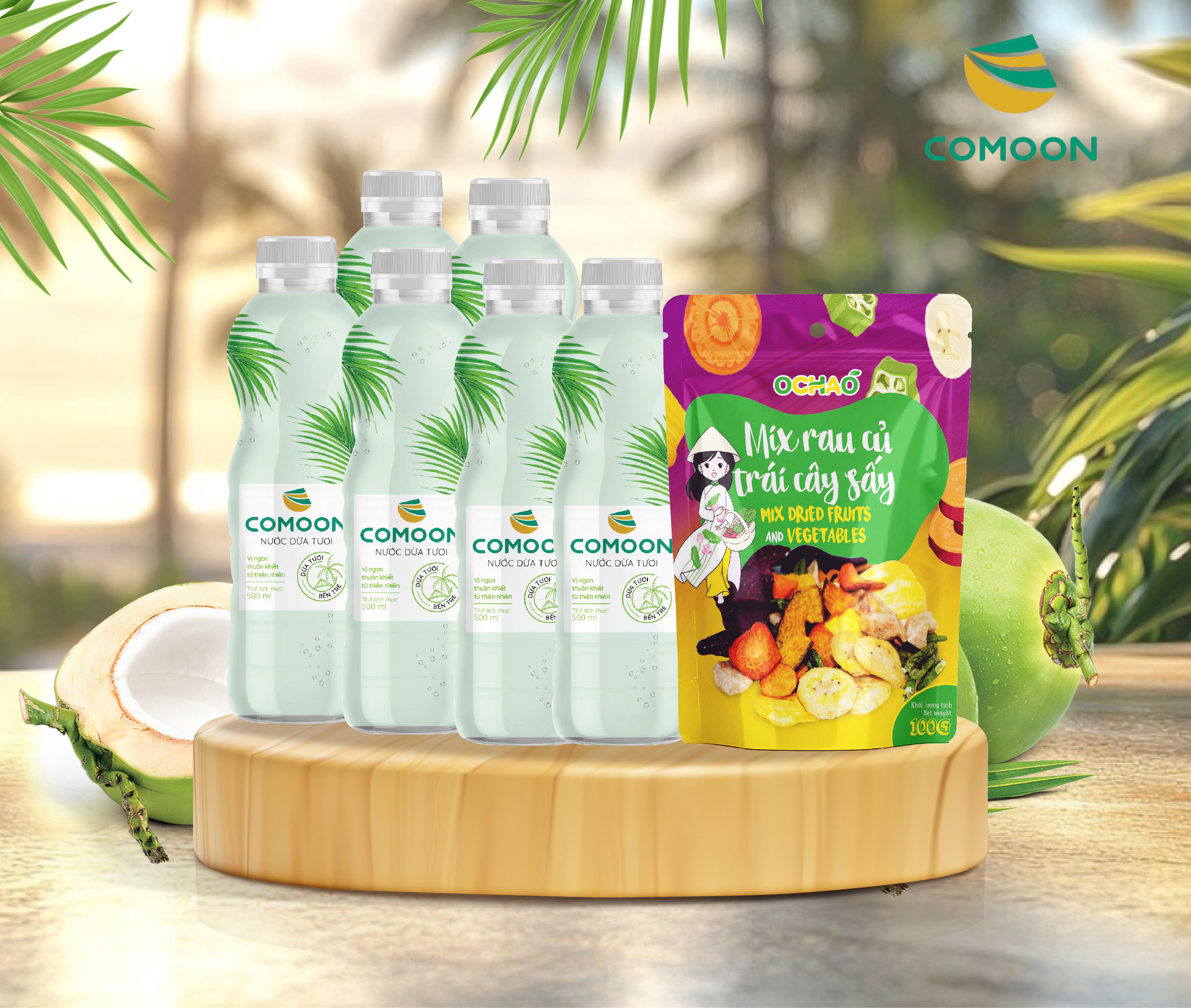 Combo 6 chai Nước dừa COMOON & 1 bịch trái cây sấy