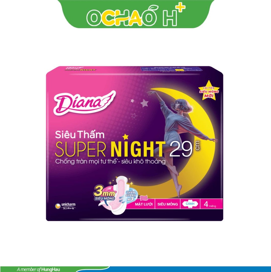 Băng vệ sinh ban đêm Diana Siêu Thấm Super Night thấm nhanh gấp 3 lần (4 miếng)