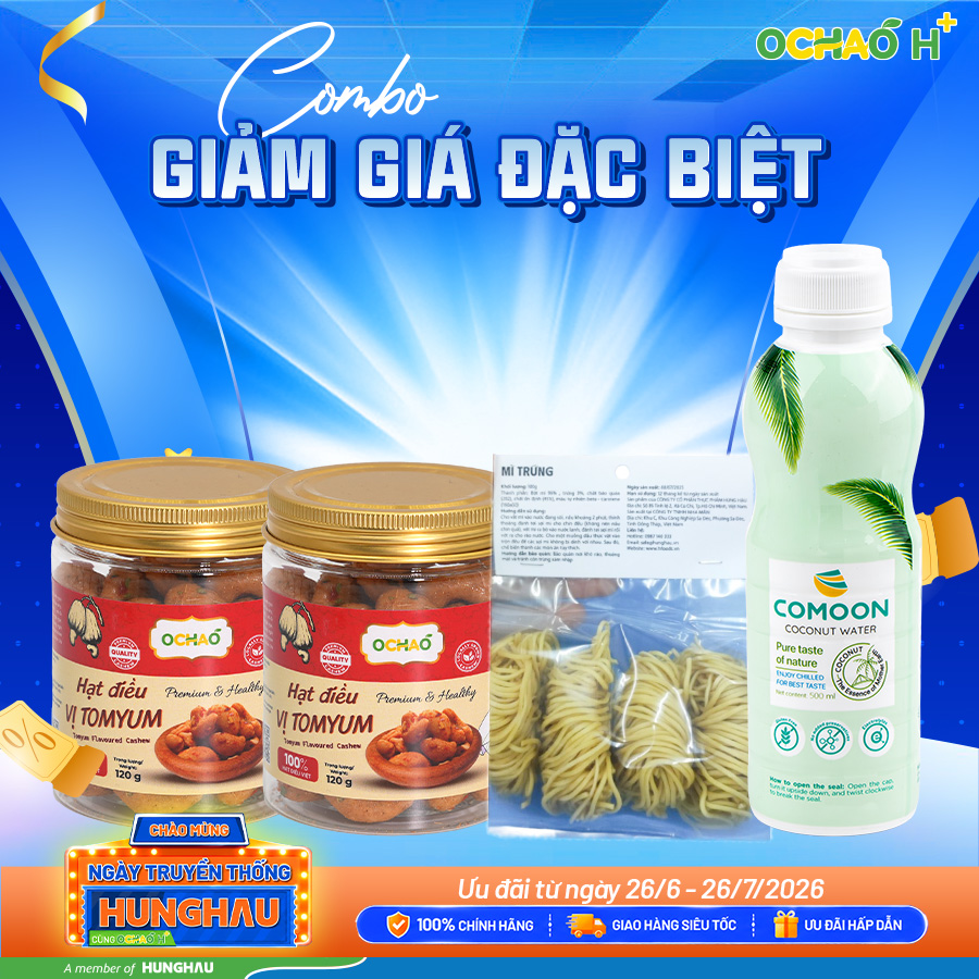 Mua 02 hạt điều Tomyum 120g tặng 01 chai nước dừa Comoon 500ml + 01 mì trứng gà 100g