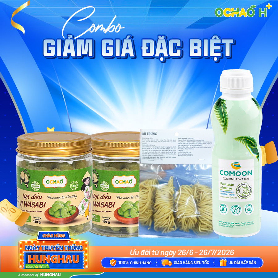 Mua 02 hạt điều wasabi 120g tặng 01 chai nước dừa Comoon 500ml + 01 mì trứng gà 100g