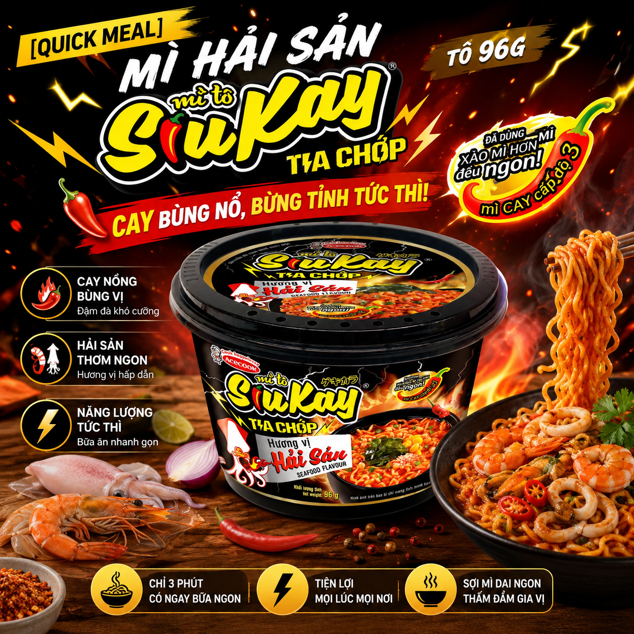 [QUICK MEAL] MÌ HẢI SẢN SIUKAY TIA CHỚP TÔ 96G: CAY BÙNG NỔ, BỪNG TỈNH TỨC THÌ! 