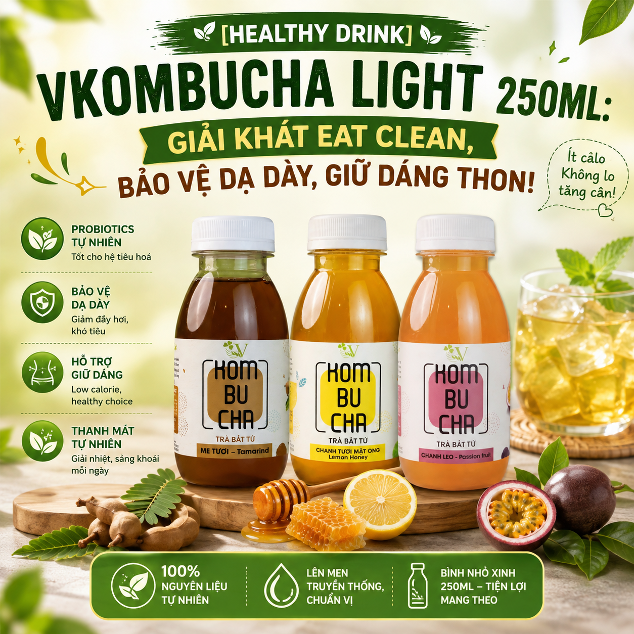 [HEALTHY DRINK] VKOMBUCHA LIGHT 250ML: GIẢI KHÁT EAT CLEAN, BẢO VỆ DẠ DÀY, GIỮ DÁNG THON! 