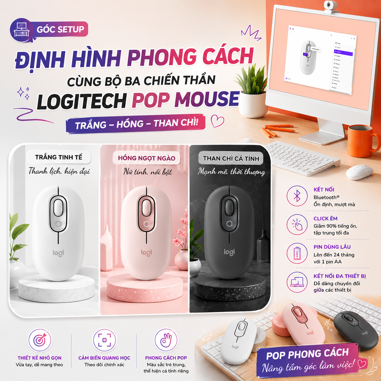 [GÓC SETUP] ĐỊNH HÌNH PHONG CÁCH CÙNG BỘ BA CHIẾN THẦN LOGITECH POP MOUSE: TRẮNG – HỒNG – THAN CHÌ! 