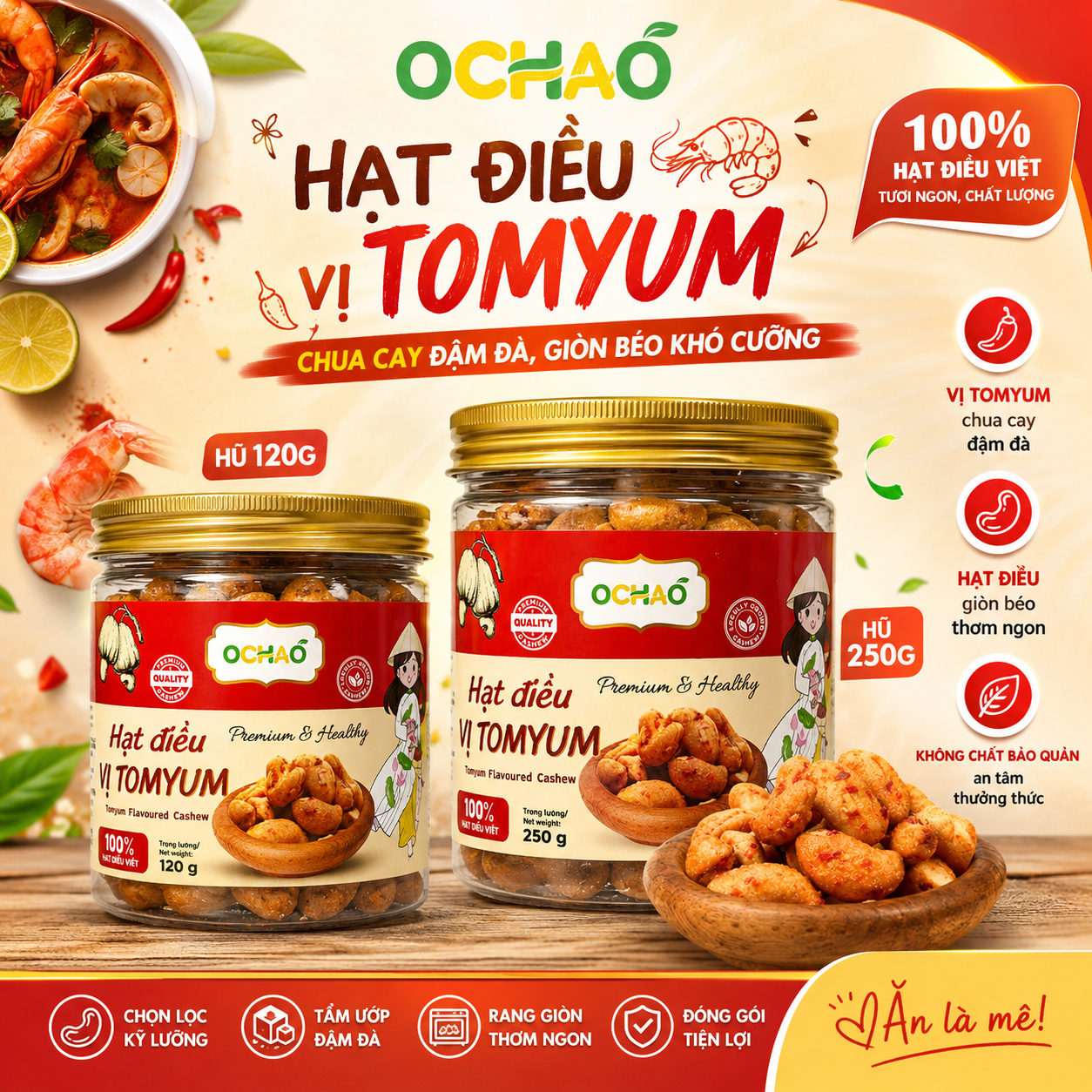 HẠT ĐIỀU VỊ TOMYUM – CHUA CAY ĐẬM ĐÀ, GIÒN BÉO KHÓ CƯỠNG