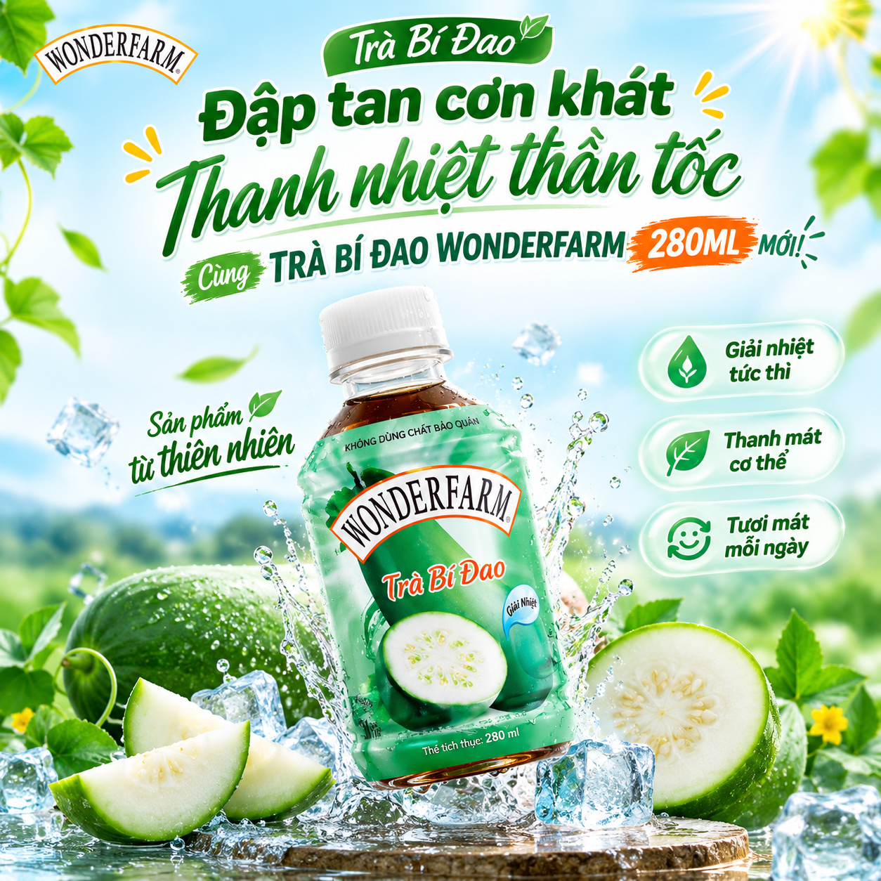 [HEALTHY LIVING] ĐẬP TAN CƠN KHÁT, THANH NHIỆT THẦN TỐC CÙNG TRÀ BÍ ĐAO WONDERFARM 280ML MỚI! 