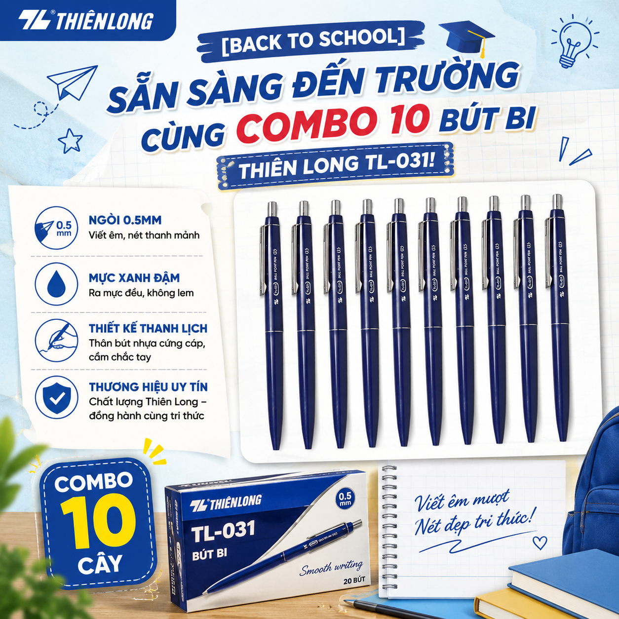  [BACK TO SCHOOL] SẴN SÀNG ĐẾN TRƯỜNG CÙNG COMBO 10 BÚT BI THIÊN LONG TL-031!