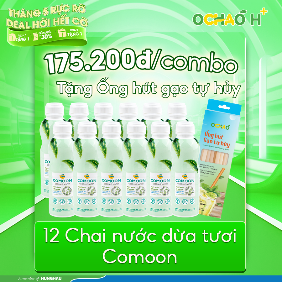 12 chai nước dừa tươi COMOON 500ml TẶNG THÊM 01 Ống hút gạo tự hủy 6.5mm 20 ống