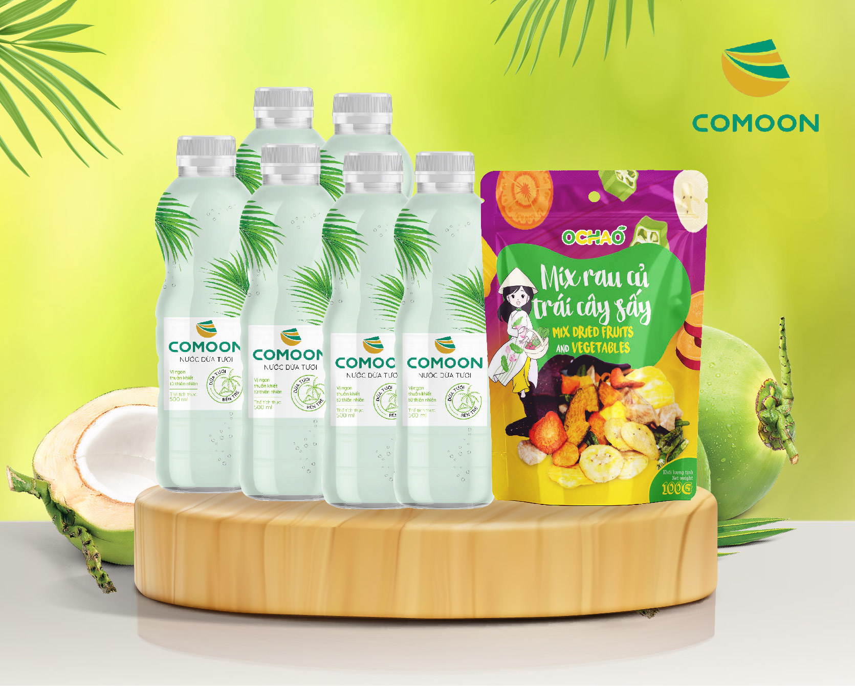 Combo 6 chai Nước dừa COMOON & 1 bịch trái cây sấy