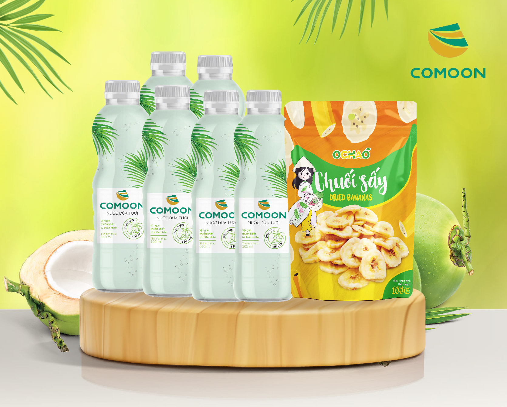 Combo 6 chai Nước dừa COMOON & 1 bịch chuối sấy