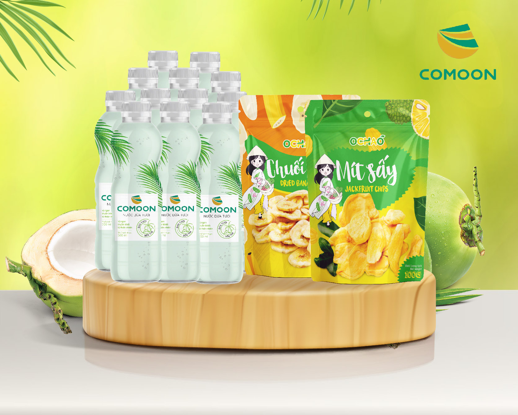 Combo 12 chai Nước dừa COMOON & 1 bịch mít sấy & 1 bịch chuối sấy