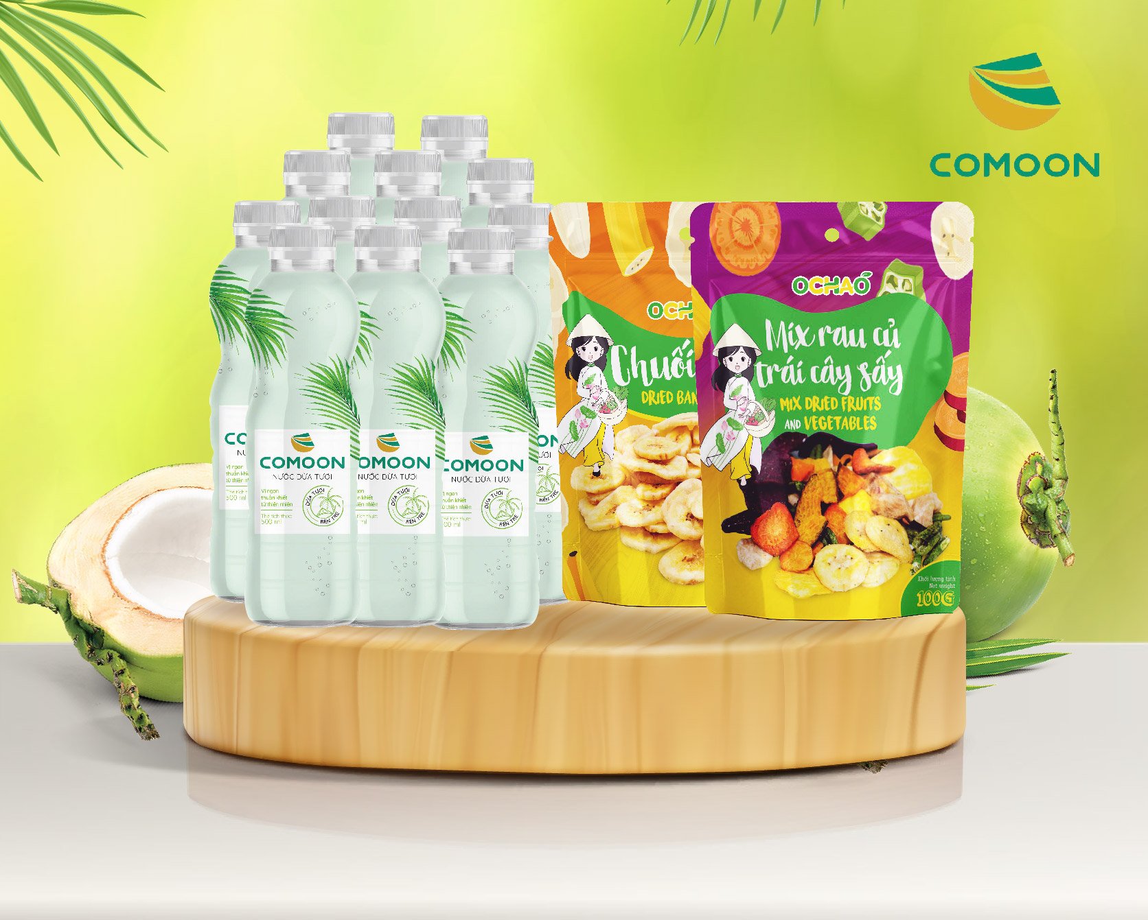 Combo 12 chai Nước dừa COMOON & 1 bịch trái cây sấy & 1 bịch chuối sấy